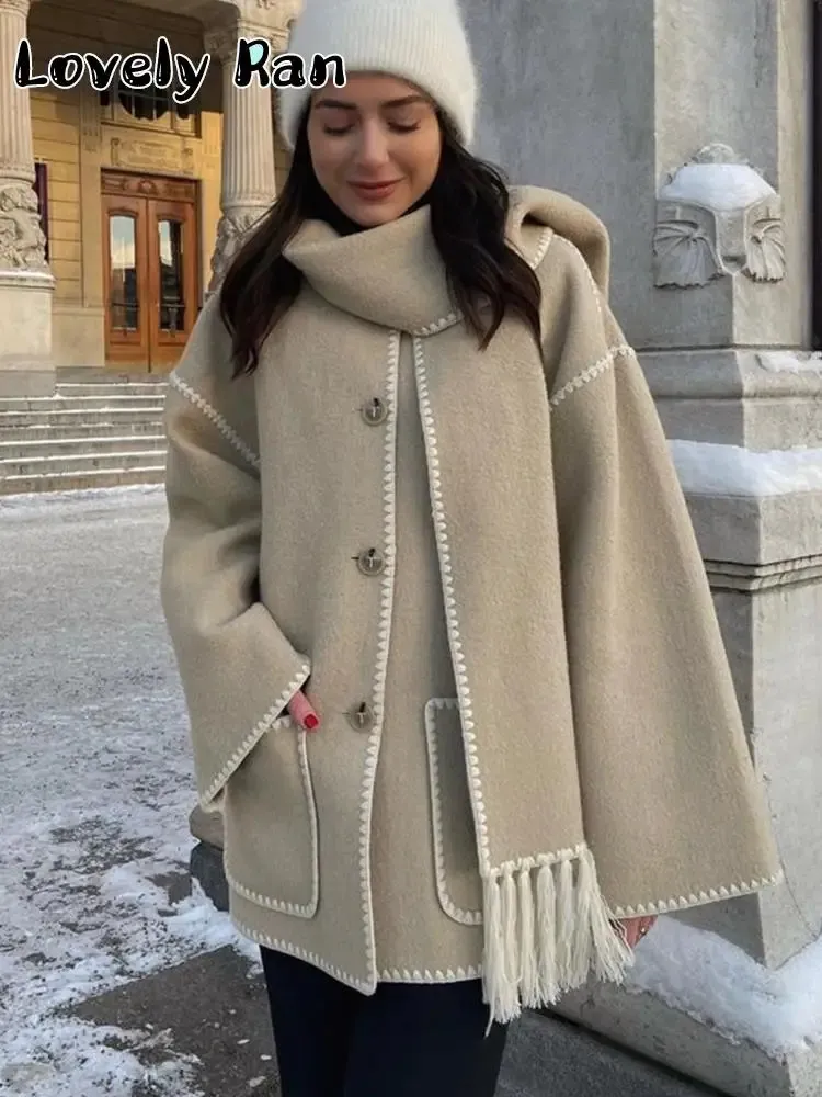 Женские куртки, винтажное однотонное шерстяное пальто для женщин, элегантное осеннее однобортное пальто с шарфом, женская роскошная уличная верхняя одежда 231101