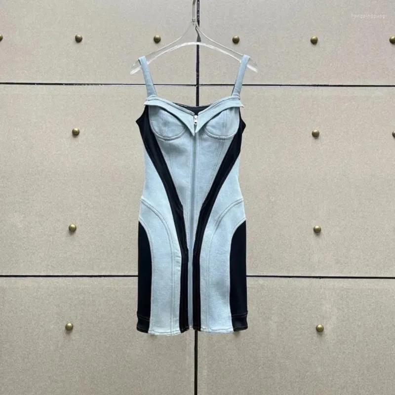 Robes décontractées PREPOMP 2023 Collection d'été sans manches bleu denim patchwork mince sexy courte mini robe femmes GL042