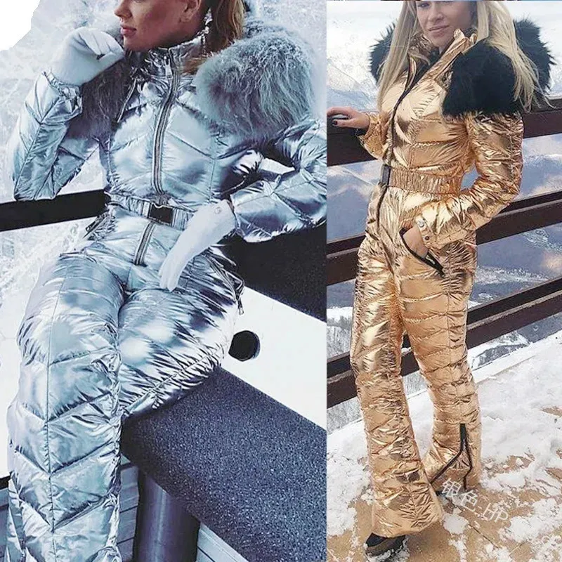 Zweiteilige Damenhose, glänzender Silber- und Gold-Skianzug, Damenmode, warmer Ski-Overall, Snowboard-Anzug, weiblicher Baumwoll-Parka-Body mit Kapuze, 231031