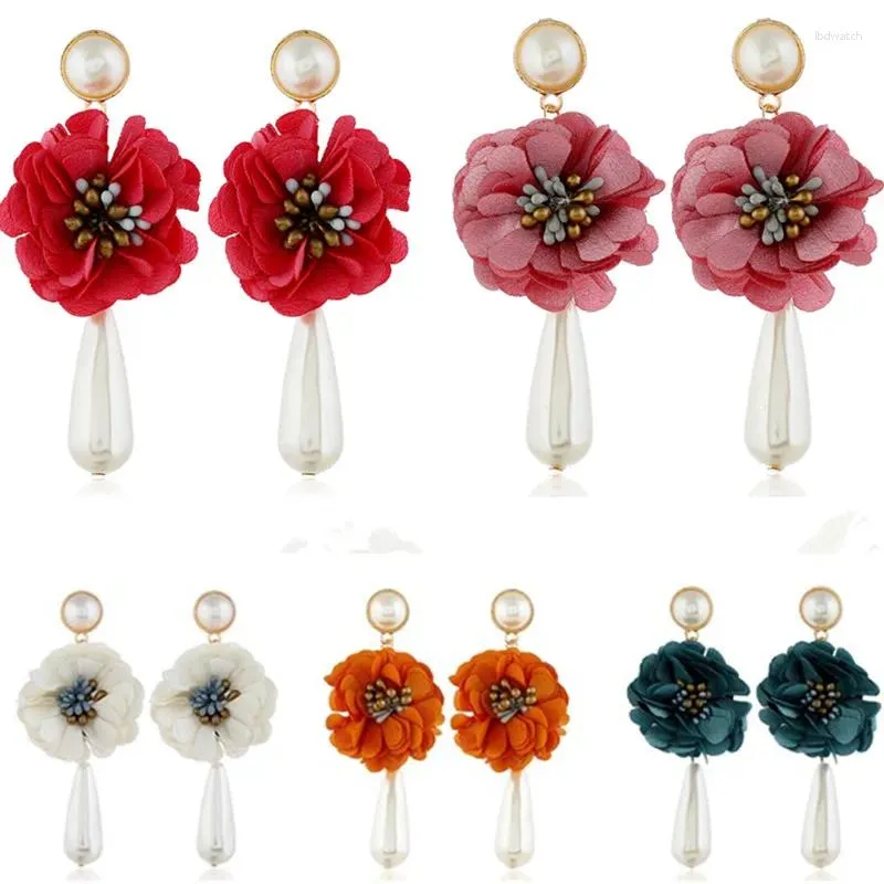 Dangle Earrings Fashion Simple Creative Personal Drop for Women with Faux Pearl Cloth Flower Design Female Charm Kolczyki