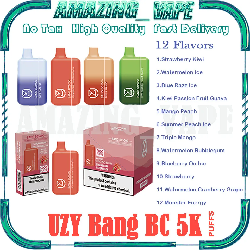 Original UZY Bang BC 5000 Puff Cigarrillos electrónicos desechables 0.8ohm Bobina de malla 14 ml Pod Batería Recargable Cigarrillos electrónicos Puff 6K 0% 2% 3% 5% Vape desechable