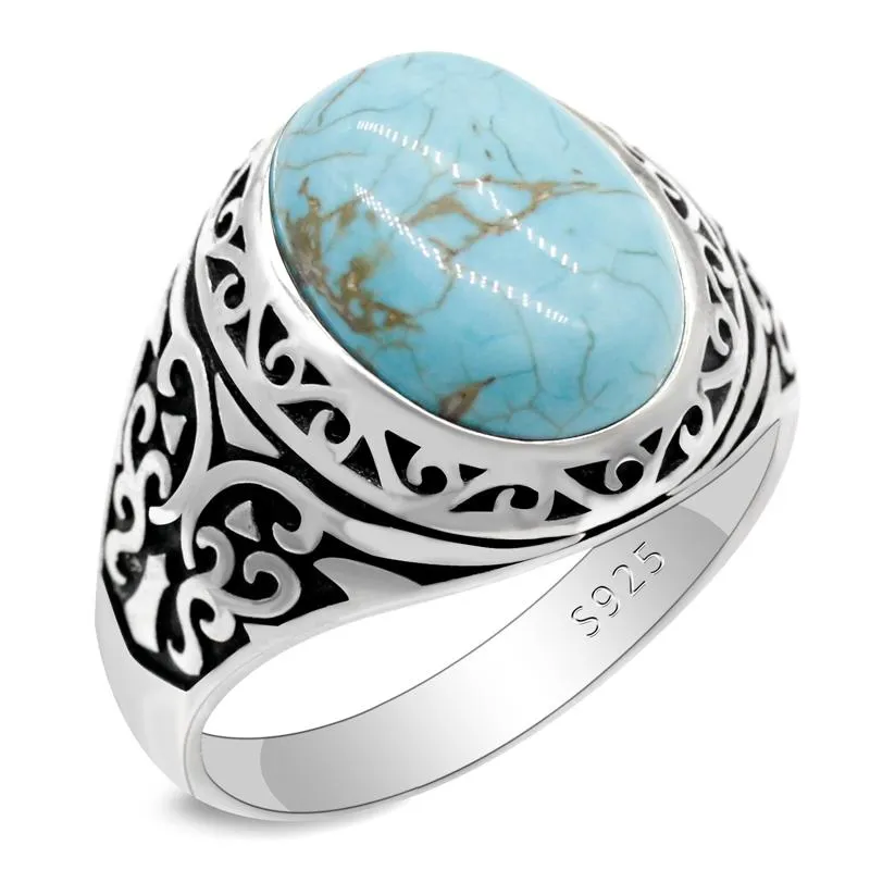 Bagues en grappe classique en argent sterling 925 bague turquoise naturelle hommes et femmes style punk turc anniversaire fiançailles bijoux fête RingClus