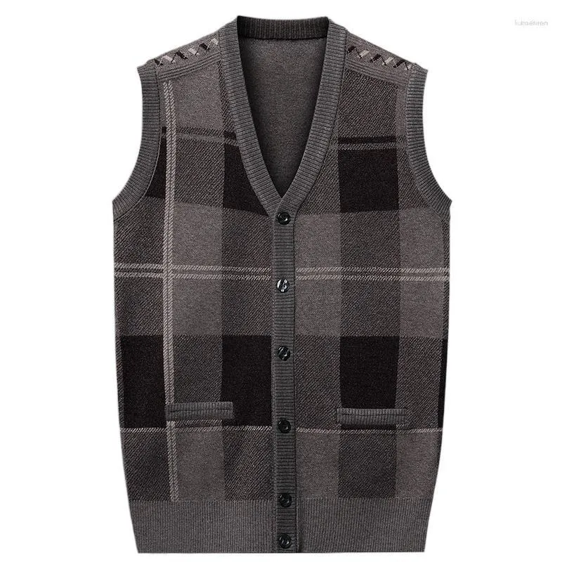 Herrvästar 897504629 herr cardigan väst rutig mode casual stickad tröja varm v-hals