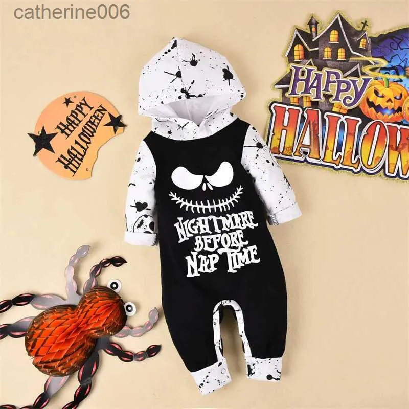 Combinaisons Halloween bébé vêtements nouveau-né infantile bébé fille garçon barboteuse à manches longues sweats à capuche coton lettre imprimer cauchemar combinaison L231101