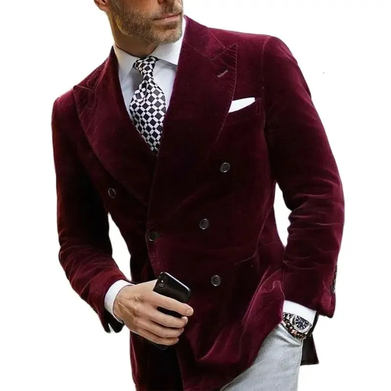 Mens Suit Blazers Burgundy Velvet Blazer Double Breasted Dinner 재킷 우아한 흡연복 코트 231031