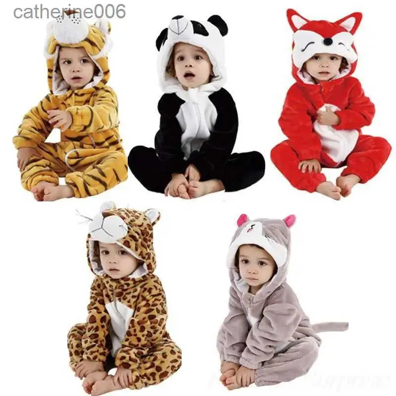 Jumpsuits Baby Rompers Winter Kigurumi Tiger Panda Cat Cost For Girls Chłopcy Toddler Animal Jumpsuit Ubrania Niemowlęta Pękamie KidsSl231101