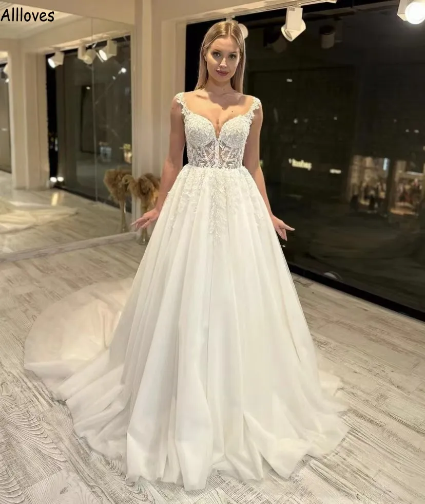 Plus Size Maternity A Line Wedding Dresses For Women See Through Corset Lace Appliqued Bridal Gowns With Spaghetti Straps Tulle Sweep Train Vestidos De Novia CL2122