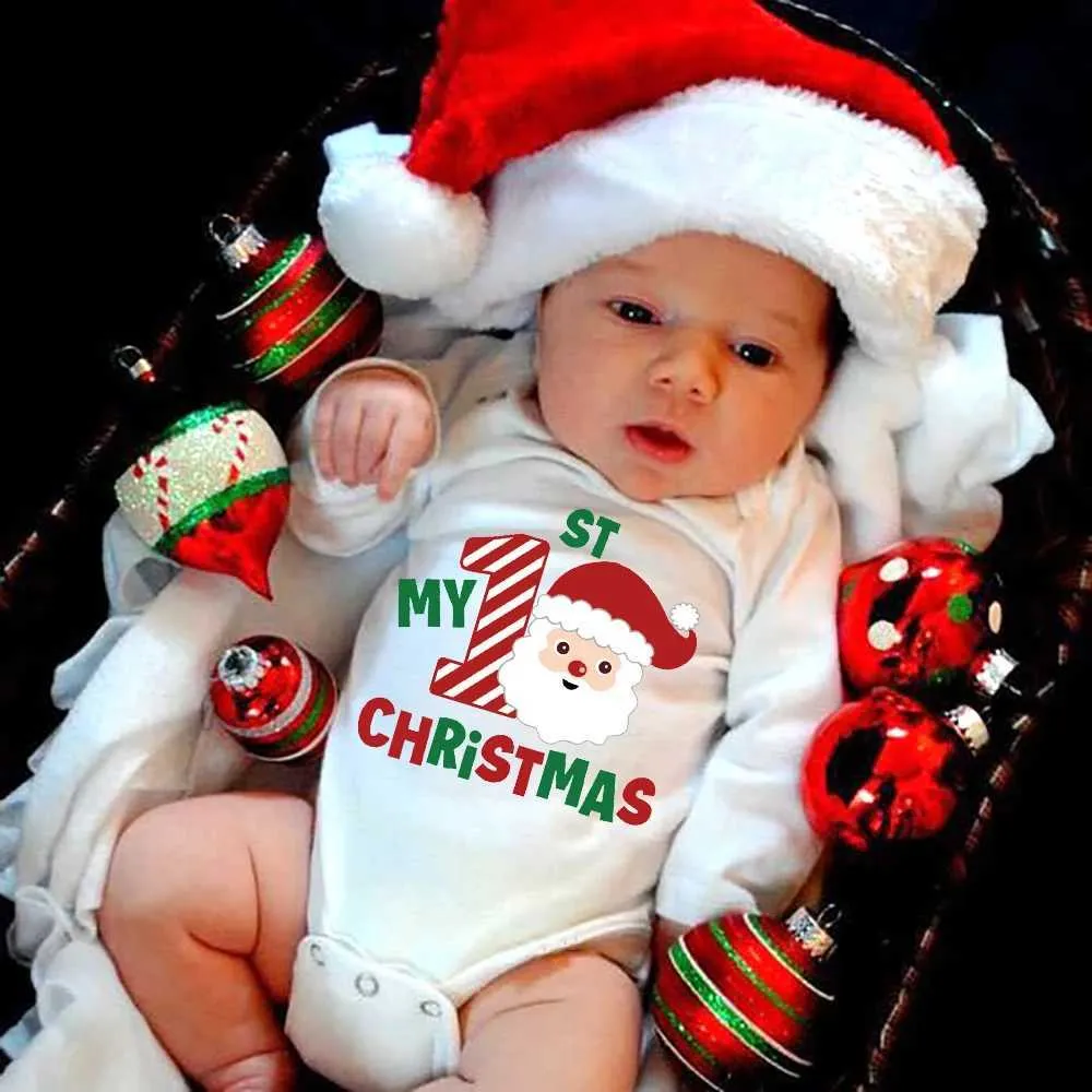 Jumpsuits My First Christmas Newborn Baby White Long Sleeve Romper Cartoon Snowman Print Outfit Infant Baptism Bodysuit Clothes Xmas GiftL231101