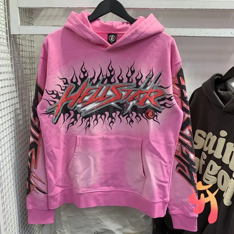 Erkek Ceketler 2023 Sonbahar Kış Kışlı Amerika Trend Markası Hellstar Pembe Hoodie Retro Do Eski Kapüşonlu Sweatshirts High Street Pullover Erkek Kadınlar 231127