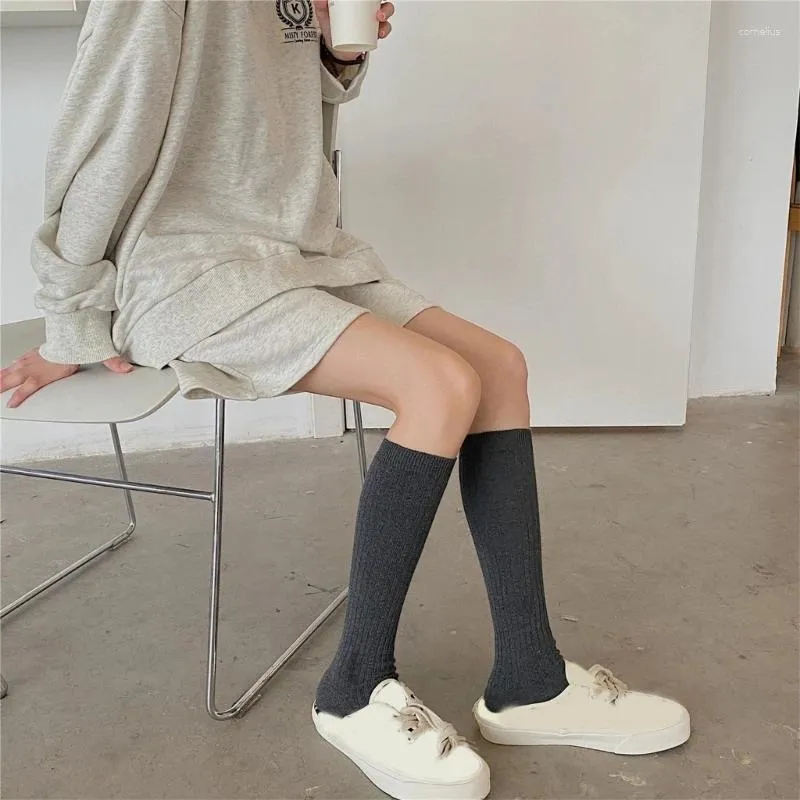 Femmes chaussettes mode Simple plaine couleur unie coton longues filles écolière décontracté côtelé tricot genou haute goutte