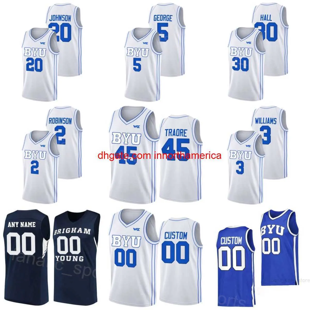 College BYU Cougars Basketball 3 Rudi Williams Jerseys 20 Spencer Johnson 5 Gideon George 2 Jaxson Robinson 30 Dallin Hall Fousseyni Traore Couture NCAA