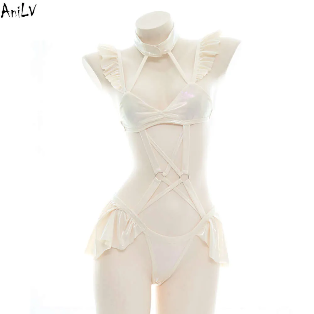 Ani Girl Ruffle Laser Bodysuit Halter One-Piece Swimsuit Costume Women Cross Strap Pamasランジェリーユニフォームセットコスプレコスプレ