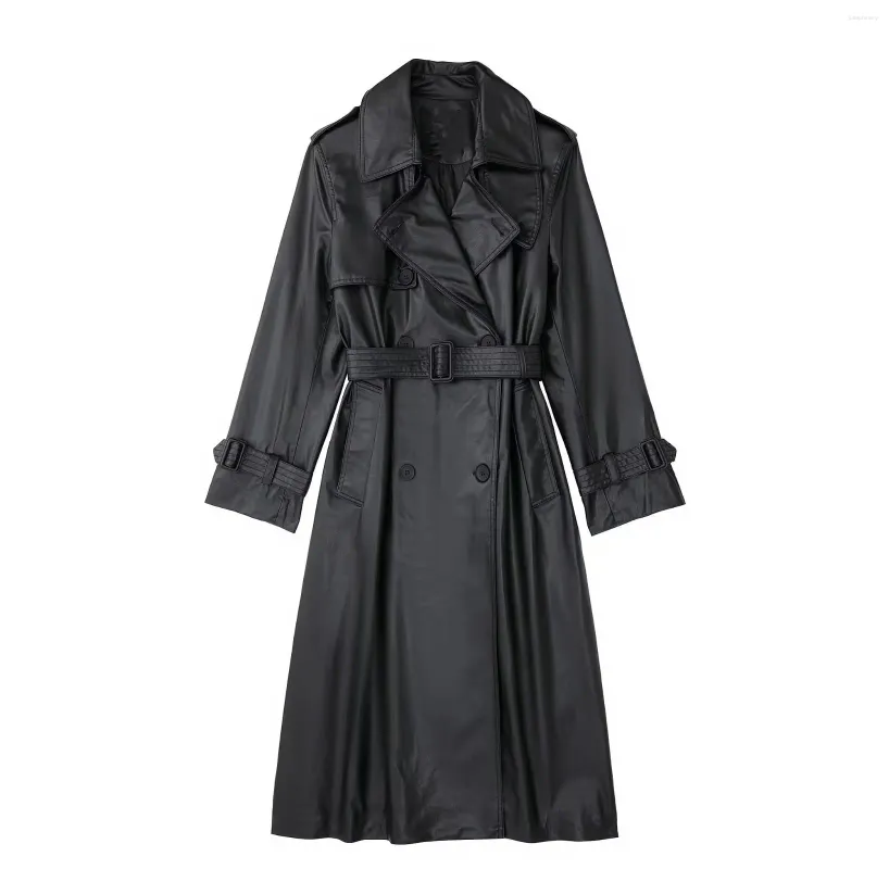 Vestes en simili cuir pour femmes, revers noir, Double boutonnage avec ceinture, Trench-Coat Long, vêtements d'extérieur de tempérament
