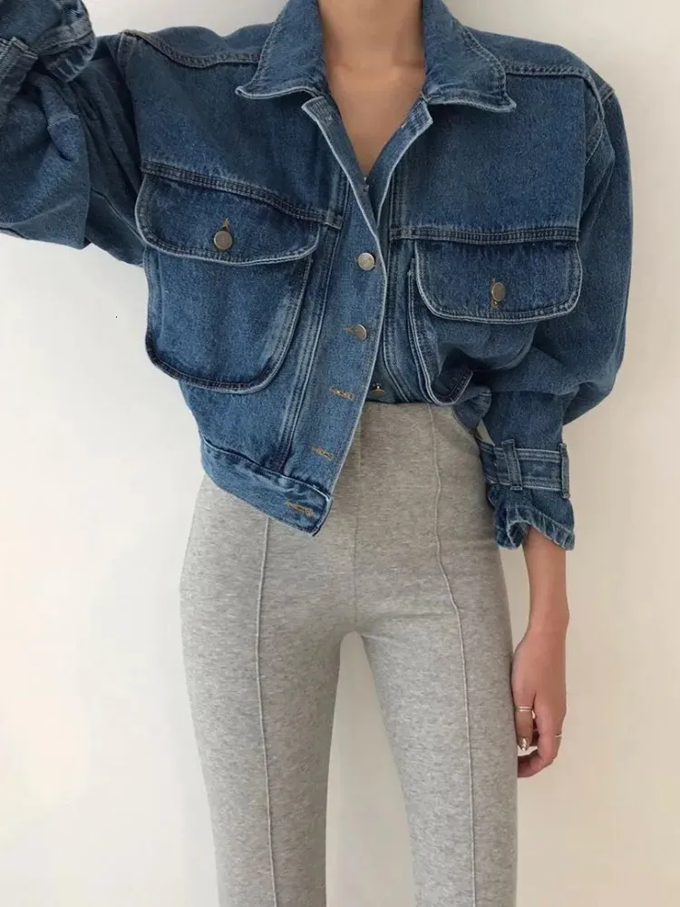 Two Piece Dress 2 color 's casual Jean Coats 2023 autumn Women sexy Puff Denim Jacket Long Sleeve cropped Female Girls streetwear xh8940 231031