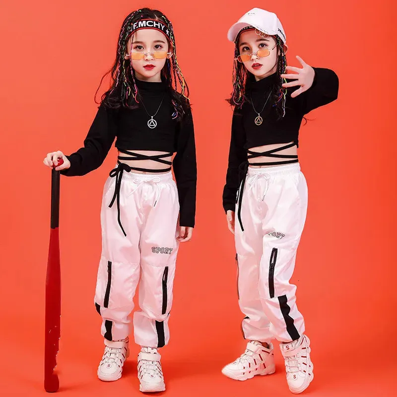 Zestawy odzieży Girl Ubrania Summer Smuth Hip Hop Ubranie Bawełniany czarny długi rękaw Tshirt Białe poliestrowe spodni 2 PCS Streetwear Suit 231031