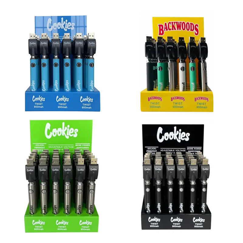 Cookies Backwoods Twist Vape Pen Batterij 900mAh Bodem Voorverwarming VV Variabele spanning Verstelbare USB-oplader Vapes-batterijen voor 510 cartridges