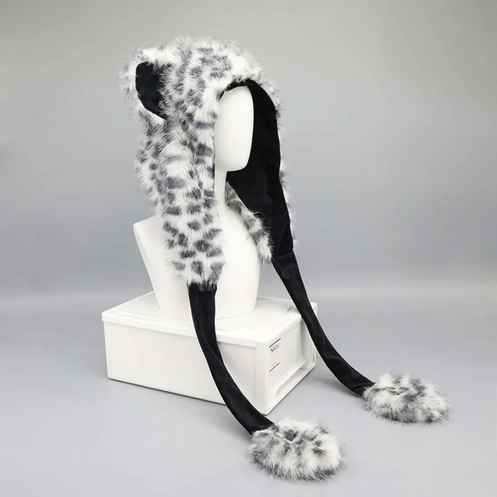 Cosplay Ani Snow Leopard Hairy Hat Winter Warm Plush Paw Cap Cosplay