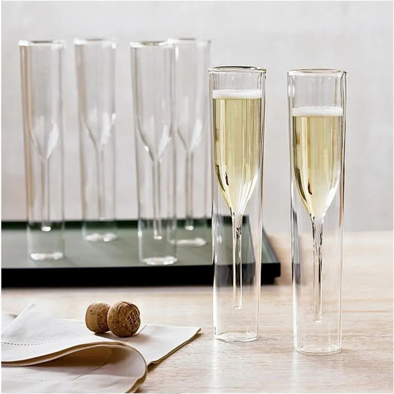4pcs de parede dupla de parede de vidro de champanhe flautas de champanhe sem cais de vinhos de vinhos de bolhas tulipa de cálice cupleta