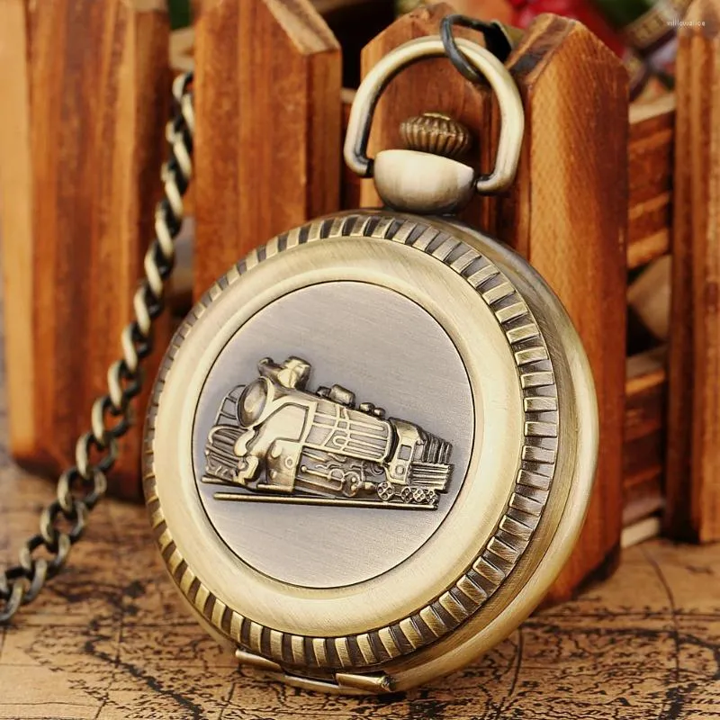 Pocket Watches Luxury Bronze Locomotive Train Quartz Watch With Chain Steampunk Charm Antique FOB Clock Timepiece Gifts Man Full