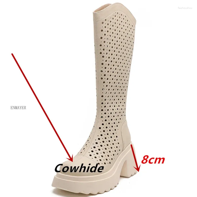 s Sandals ENMAYER Round Hole Breathable Mesh Panel Women's Knee High Boots Hollow Head Thick Heel Zipper Roman Style Summer Sandal Meh Women' Boot