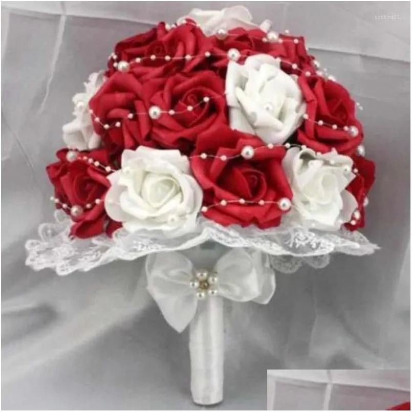 Dekoratif çiçek çelenk dekoratif çiçekler güzel yapay kırmızı düğün gelin buketler inciler çiçek gül buket damla teslim dh1wv
