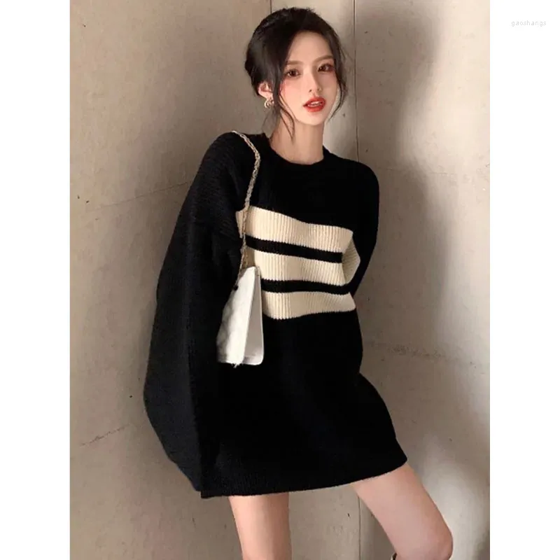 Women's Sweaters Fashion Striped Sweater Pullover Simple Solid Texture Autumn Winter Korean Version Women Medium Long Casual Loose Knit Top