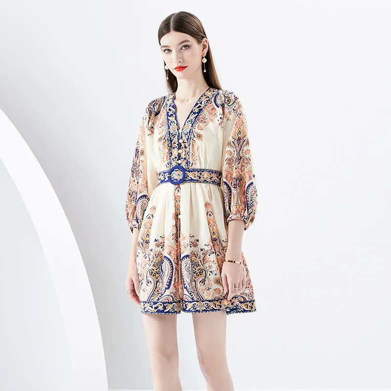 Vintage 2024S New Paisley Mini Floral Dress Women Designer Long Sleeve V-Neck Slim Ruched Vacation Party Dresses With Belt 2023 Autumn Winter Casual es