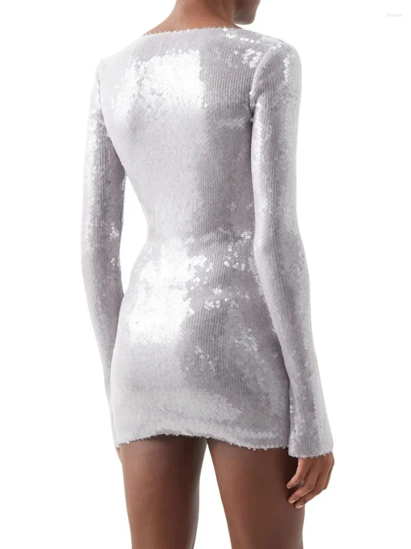 Casual Dresses Women Sequined Long Sleeve Drawstrings Solid Color Street Party Short Dress