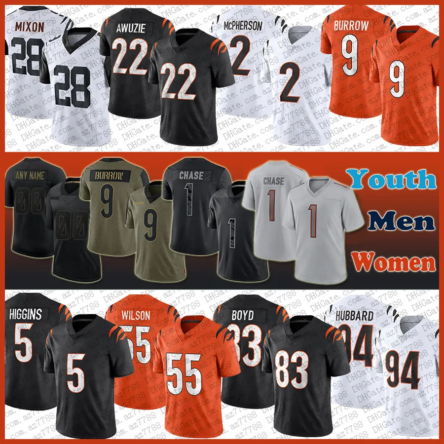 9 Joe Burrow Mixon JaMarr Chase Fotbollströja Custom Herr Dam Youth Tee Higgins Evan McPherson Sam Hubbard Tyler Boyd Logan Wilson Trey Hendrickson Germaine Pratt