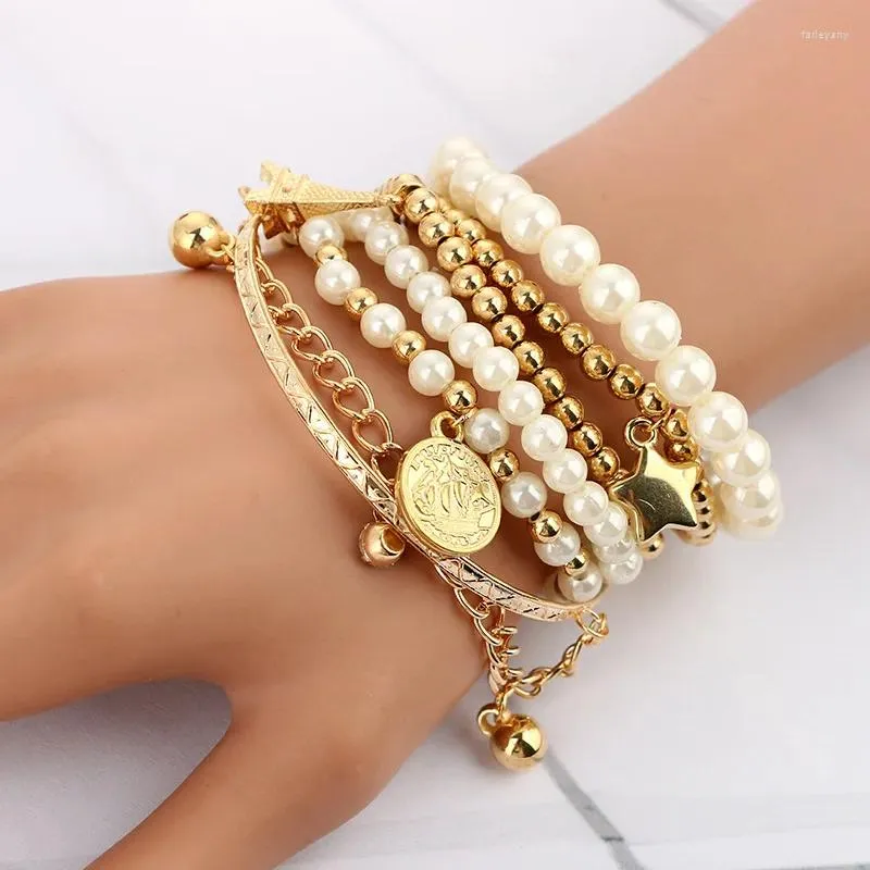 Charm Bracelets 6 Piece/set Vintage Bracelet Boho Golden Jewelry Ornament Pearl Hand Link Multilayer Stretch Luxury Set