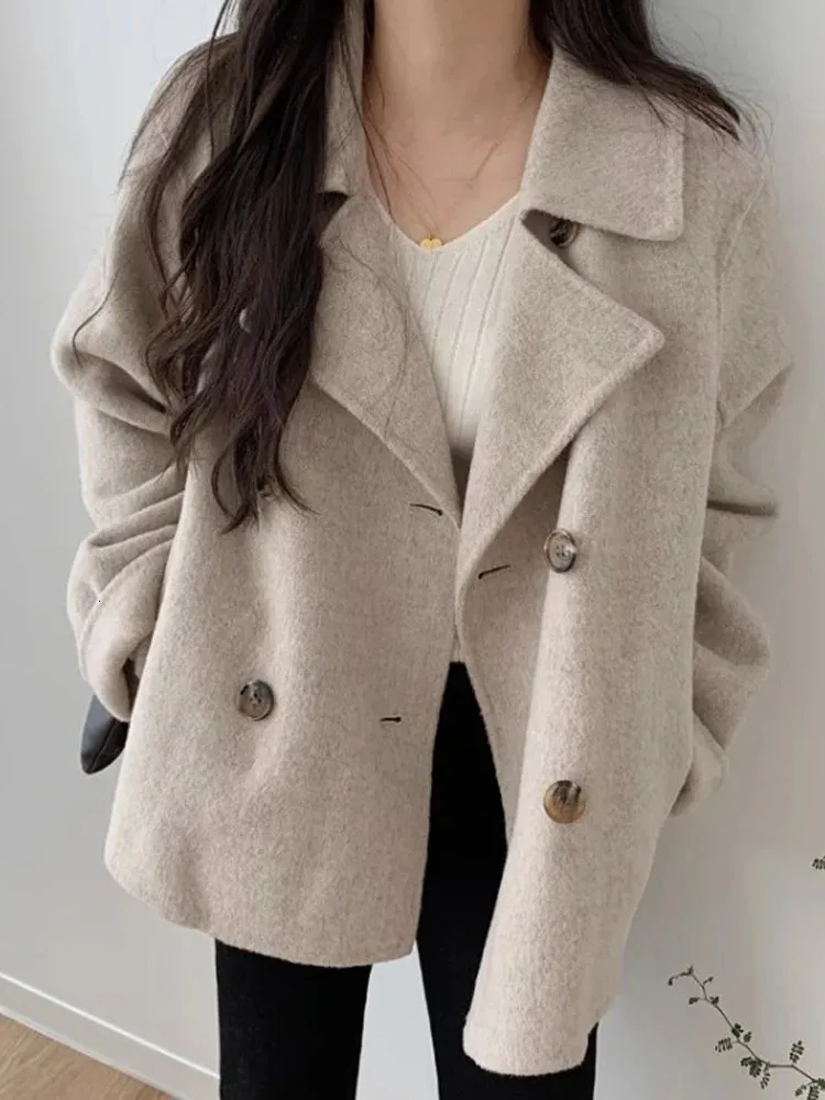 Wełniane mieszanki jesienne płaszcz zimowy Kobiet Koreańszy styl faux wełniany kurtka Kobieta w stylu vintage moda podwójnie piersi odzież wierzchnia swoboda luźna elegancka płaszcz 231101