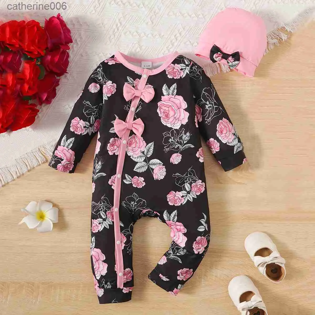 Jumpsuits Baby Girl Floral Printed Button Up Bodysuit z Bowknot Cute Casual Scossuitl231101