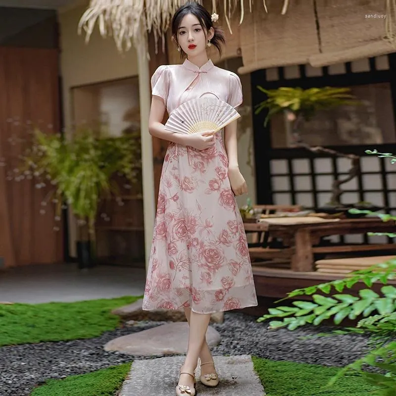 Work Dresses Chinese Style Improved Cheongsam Two-Piece Set Women Outfit:Floral Printed Slim Sling Dress Retro Stand Collar Short Shawl