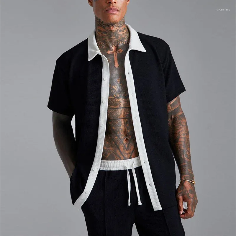 Men's Shorts Men Summer Casual Sports Outfit Fasion Lapel Buttons Sleeve Sirt And Tie-up Sorts Two Piece Set Retro Color Matcin Man Suit