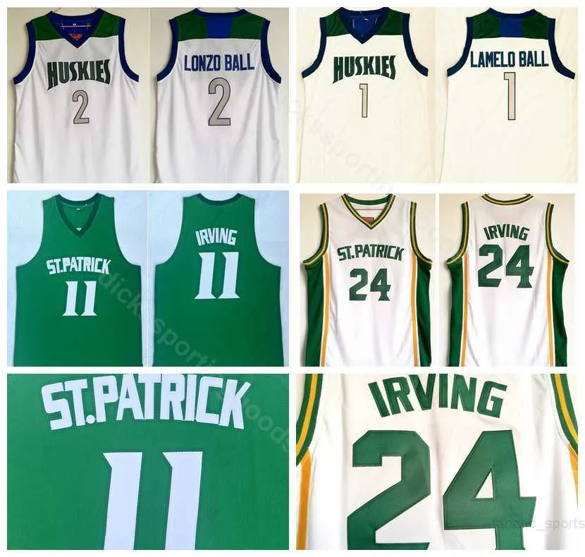 College High School Basketball St Patrick 24 Kyrie Irving Jerseys 11 Chino Hills Huskies 2 Lonzo Ball 1 Lamelo Ball White Green Uniform