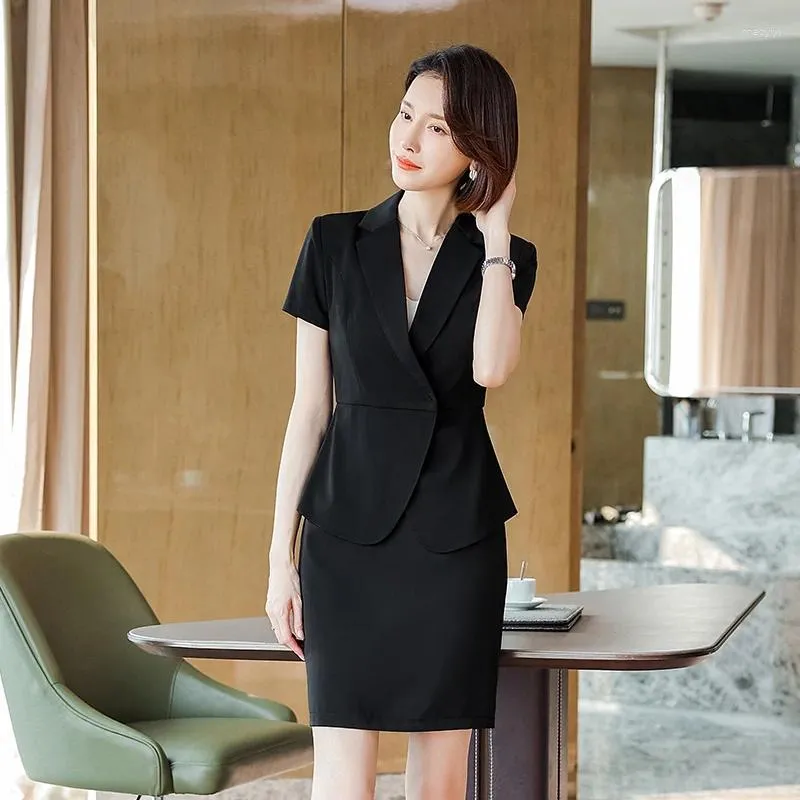 Vestido de duas peças moda verão preto blazer mulheres ternos de trabalho saia e jaqueta conjunto de manga curta senhoras negócios escritório uniforme design estilo