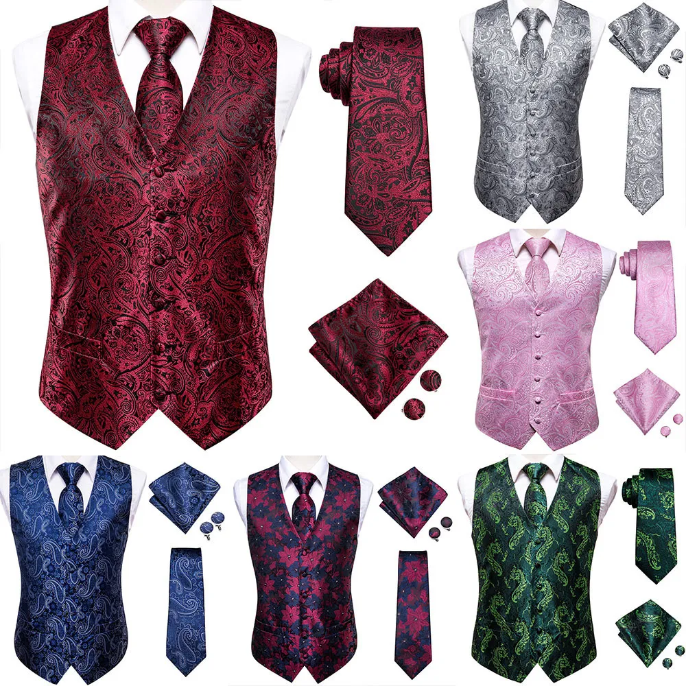 Herrvästar hi-tie burgundy paisley blommig silkes smala västar slips uppsättning för kostym klänning bröllop 4 st väst Hanky ​​manschettkropp 230331