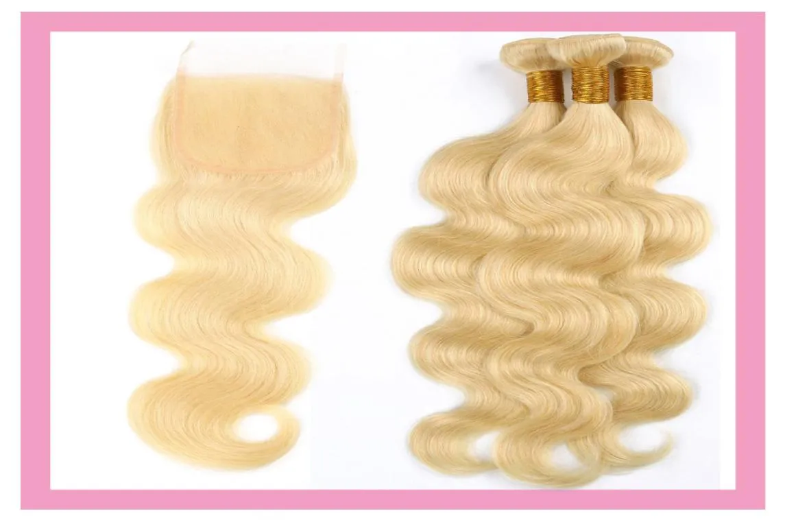 Malaysian Human Hair 613 Blonde Color 3 Bundles With 4X4 Lace Closure Middle Three Part Body Wave Hair Wefts With Four By Fou9215418