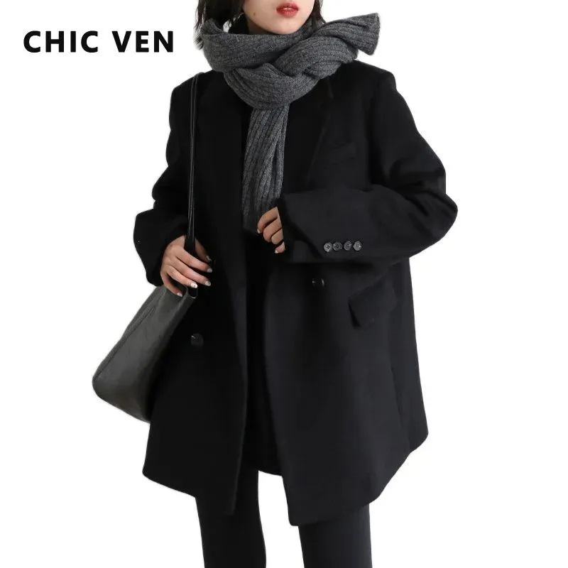 Wollmischungen für Damen CHIC VEN Damen Wollmischungsmantel, einfarbig, mittellang, Wollblazer, dicke warme Bluse, Damenmantel, Bürodame, Oberteile, Herbst Winter 231101