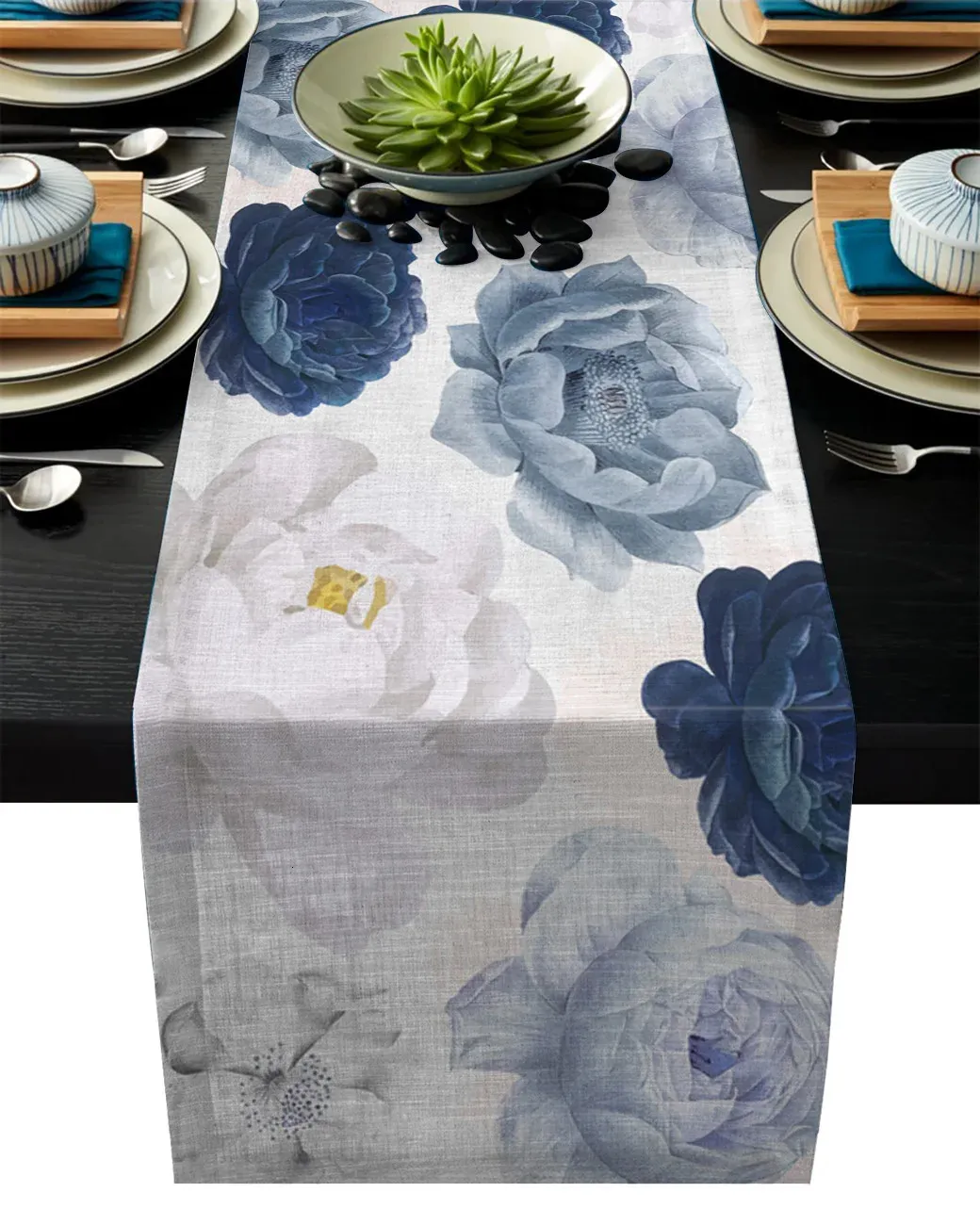 Table Runner Watercolor Flowers Texture Gray Table Runner Modern Placemat Coaster Home Wedding Party Dinning Table Decor 231101