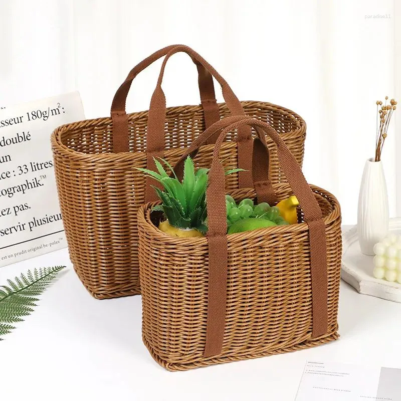 Sacos de compras imitação rattan grama tecido cesta saco mercearia frutas e vegetais armazenamento seaside praia férias piquenique