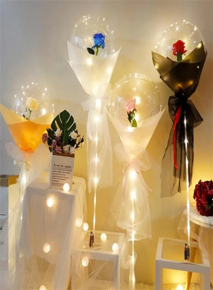 DIY LED -lätta ballonger står med Rose Flower Bouquet Event Decoration Birthday Party Wedding Decoration LED Bubble Balloon Y06223158825