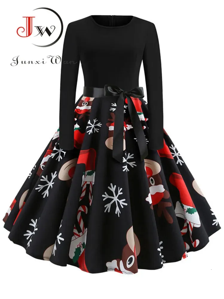 Podstawowe sukienki swobodne zimowe sukienki Bożego Narodzenia Kobiety 50. 60. Vintage Swing Swing Pinup Elegancka sukienka imprezowa Długie rękaw Casual Print Black 231101