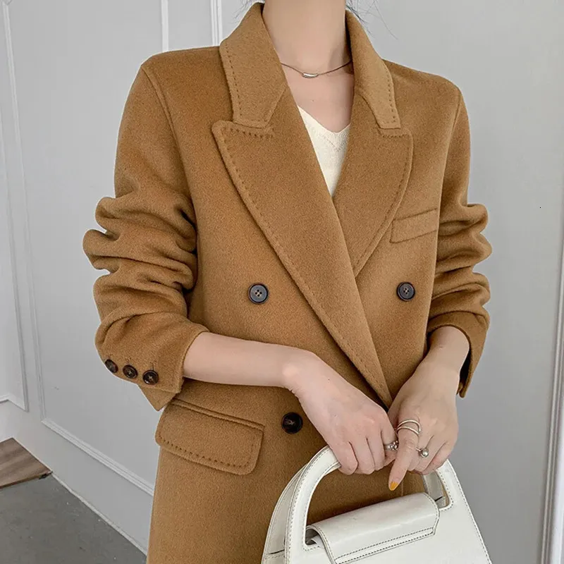 Mélange de laine pour femmes, mode coréenne, Long manteau 100% laine, Double boutonnage droit, veste d'hiver Camel 231031