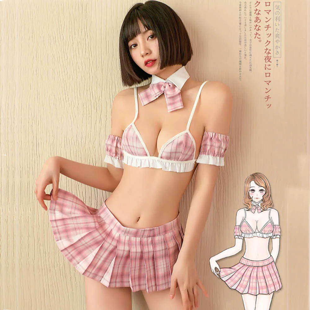 Ani Japanese School Student Uniform Costumes Cosplay Peach Girl Sexig Pink Plaid Erotic Pamas Lingerie Outfit Set Cosplay