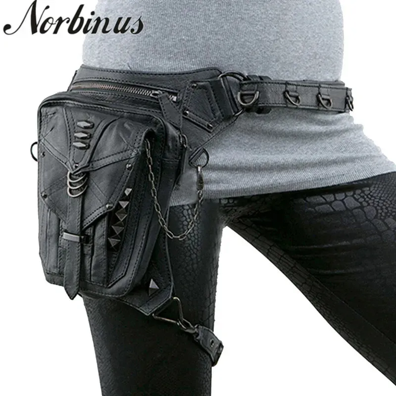 Taille Zakken Norbinus Dames Heuptas Gothic Fanny Packs Motorfiets Heupbeenzak Steampunk Holster Schoudertas Heren PU Lederen Crossbody Tassen 231101