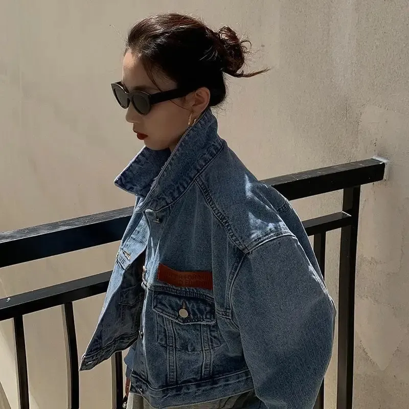 Frauen Jacken Amerikanischen Langarm Kurze Straße Hohe Taille Mäntel Drehen Unten Kragen Frauen Taschen Bf Lose Vintage Vielseitig Denim 231101