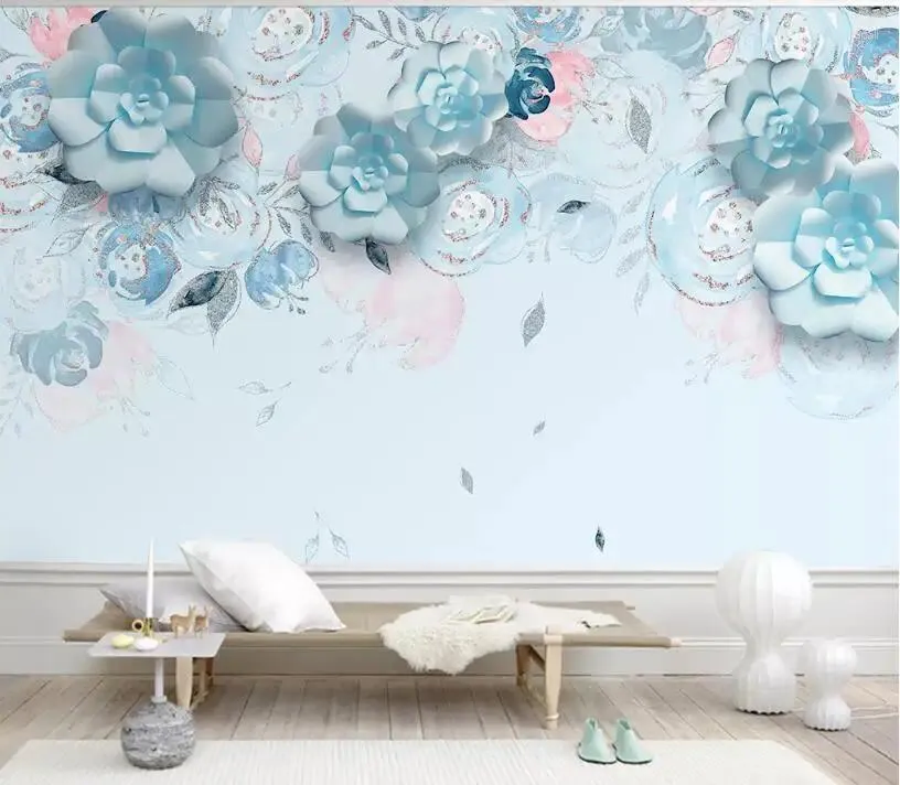 Wallpapers CJSIR 3D Po Wallpaper Modern Stereo Blue Flowers High Quality TV Living Room Background Wall Home Decoration