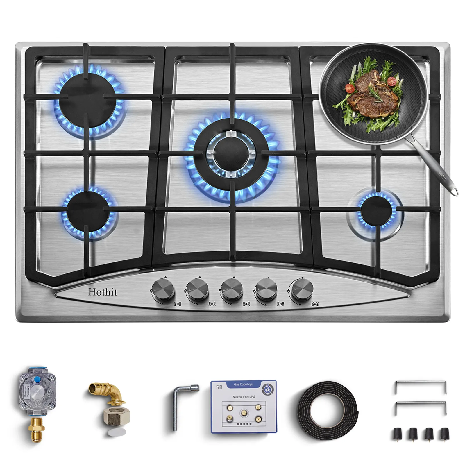 AHT30IN30S Hothit Propane Gas Cooktop 30" Inch, 36000BTU power,5 Burner Built-in Stainless Steel Gas Stove Top, LPG/NG Dual Fuel, Include Gas Pressure Regulator Gas Range