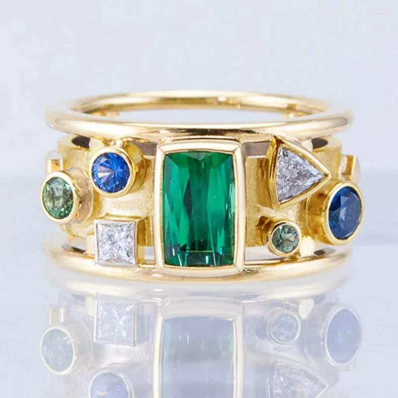 Anneaux de cluster Huitan Luxe Rétro Femmes Géométrique Bague Vintage Accessoires De Fête Vert/Bleu/Blanc Zircon Pierres Bijoux Féminins